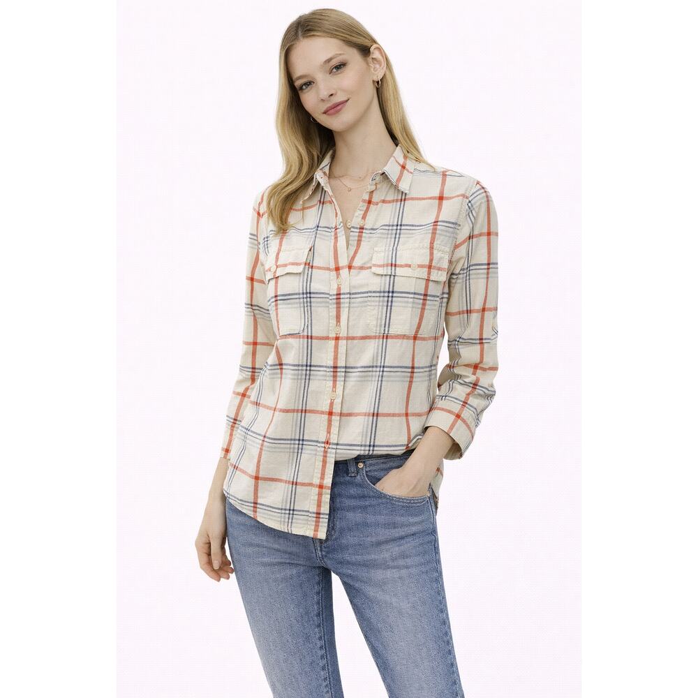 Banana Republic Plaid Button Up Shirt Cream Blue Orange Size S